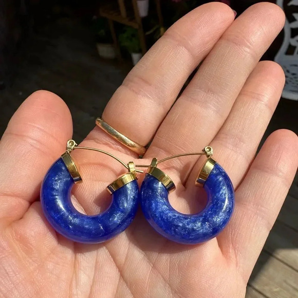 Blue 18K Gold Stainless Steel Hoop Earrings - Picture 7 of 12